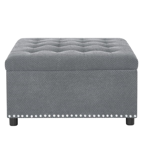 S-HOME Classic Tufted Design Storage Ottoman With Nailhead Trim 30 Inch Square Upholstered Footstool For Living Room Or Bedroom Decor, Light Gray