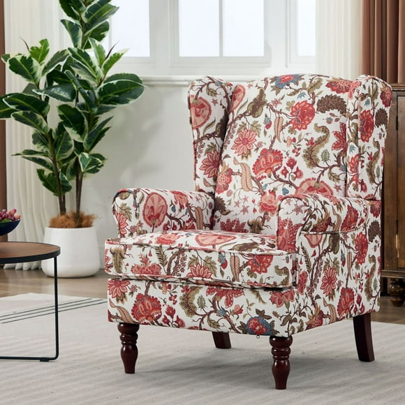 S-HOME Comfy Upholstered Floral Accent Chair in Yellow with Retro Wood Legs for Living Room, Bedroom & Office Use, 
Bean paste red