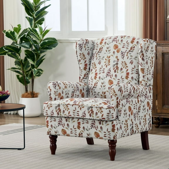 S-HOME Comfy Upholstered Floral Accent Chair in Yellow with Retro Wood Legs for Living Room, Bedroom & Office Use, 
Brown+Yellow