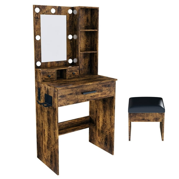 S-HOME Compact Vanity Table with Adjustable LED Lights, Mirror & Power Outlet - Modern MDF Dressing Desk for Bedrooms, Vintage