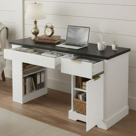 S-HOME Contemporary 55 Inch Fluted Office Desk with Pegboard and Drawers, Power Outlet Ideal for Living Room or Home Office Setup
