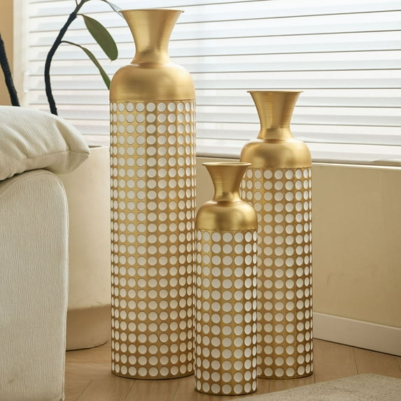 S-HOME Contemporary Decorative Metal Vases Set of 3 Matte Finish with Textured Pattern for Home & Event Decor 19.69 to 32.68 Inch, Antique Brass+White