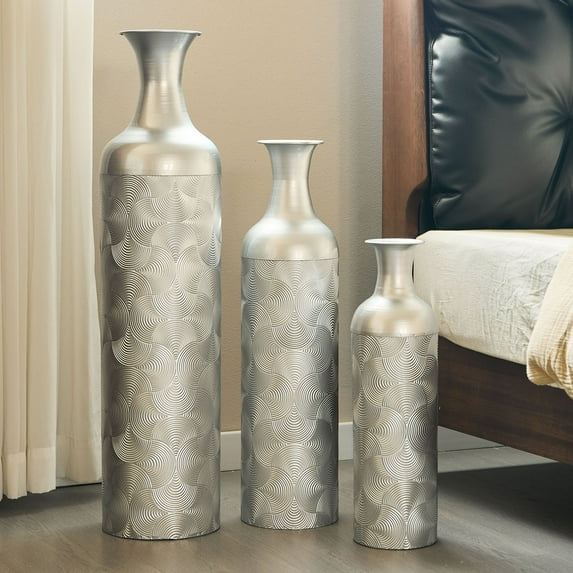 S-HOME Contemporary Decorative Metal Vases Set of 3 Matte Finish with Textured Pattern for Home & Event Decor 19.69 to 32.68 Inch, Silver
