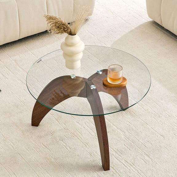 S-HOME Creative Claw -Style Coffee Table with 27.5 Inch Round Clear Glass Top and Walnut MDF Triangular- Leg , for Living Rooms