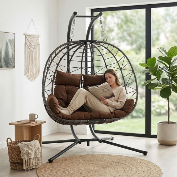 S-HOME Double Hanging Egg Chair With Stand, Stylish Hammock Swing Chair With Cushion For Indoor And Outdoor Relaxation,Brown