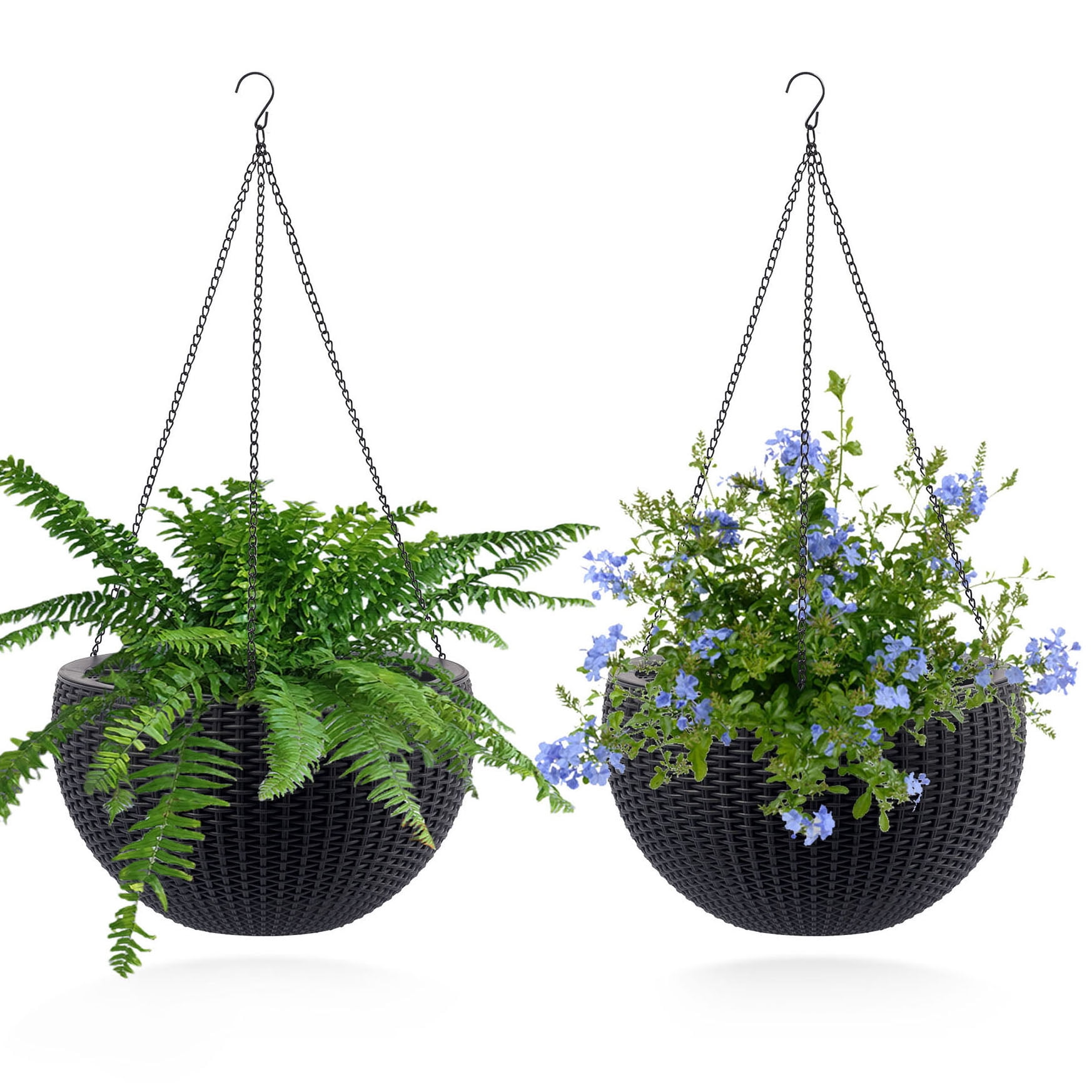 S-HOME Dual-Use Self-Watering Hanging Rattan Planters 13.4 Inch Large Size with Water Level Indicator, for Balcony Decor Indoor Use, Black