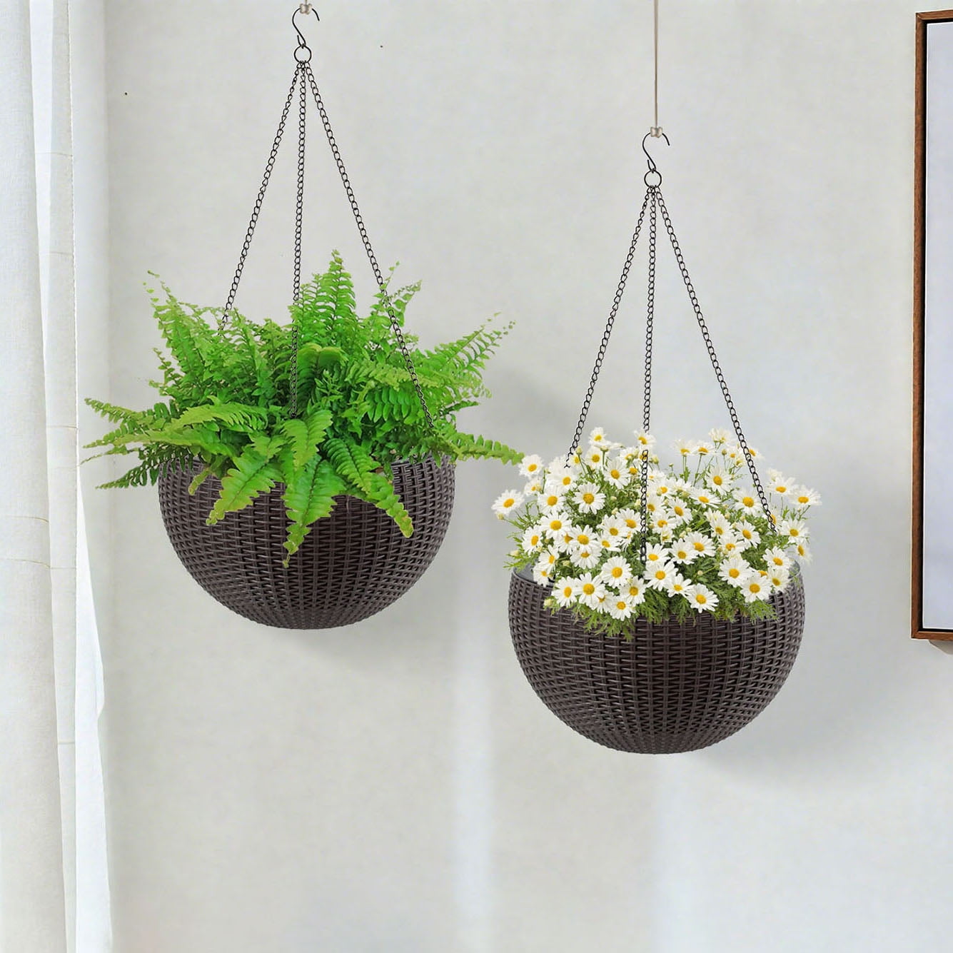 S-HOME Dual-Use Self-Watering Hanging Rattan Planters 13.4 Inch Large Size with Water Level Indicator, for Balcony Decor Indoor Use, Brown