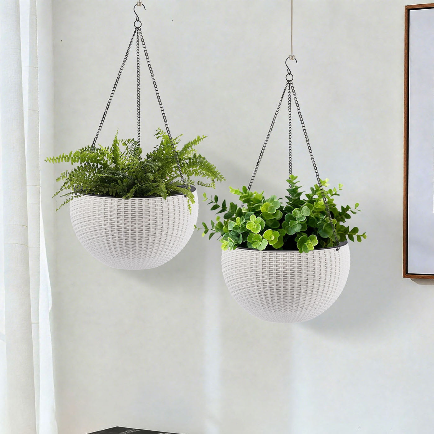 S-HOME Dual-Use Self-Watering Hanging Rattan Planters 13.4 Inch Large Size with Water Level Indicator, for Balcony Decor Indoor Use, White