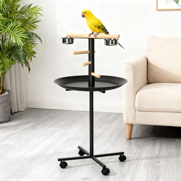 S-HOME Easy To Move Bird Stand With Wheels, Adjustable Height, Bird Feeder Station With Feed Bowls And Round Tray，Grey