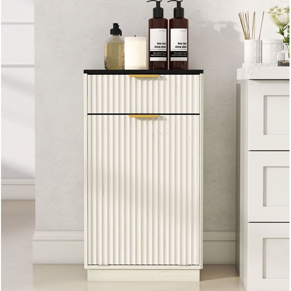 S-HOME 10-Gallon Tilt-Out Trash Can Cabinet in Antique White with Pull-Out Bin and Wave-Textured Drawer