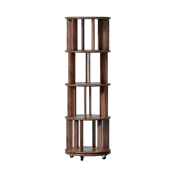 S-HOME Eco-Friendly 100% Natural Rubberwood Revolving Bookshelf Tower 4 Tier Lockable Rolling Bookcase in Walnut Color