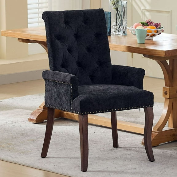S-HOME Elegant Tufted Accent Dining Chair in Soft Chenille Fabric with Curved Solid Wood Legs, for Dining Room or Kitchen, Black