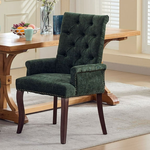 S-HOME Elegant Tufted Accent Dining Chair in Soft Chenille Fabric with Curved Solid Wood Legs, for Dining Room or Kitchen, Olive Green