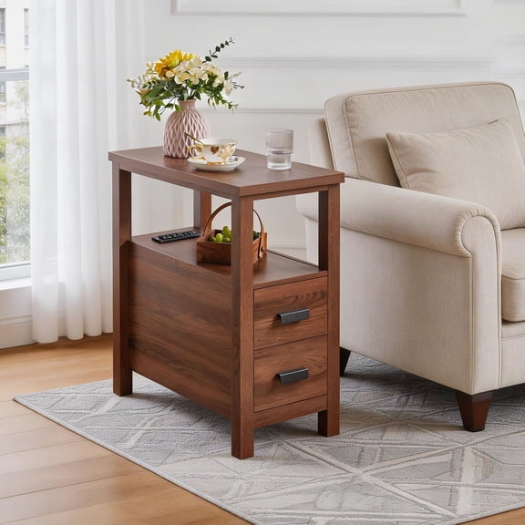 S-HOME End Table with Charging Station, Small Rustic Design, Includes USB Ports and 2 Drawers for Convenience
