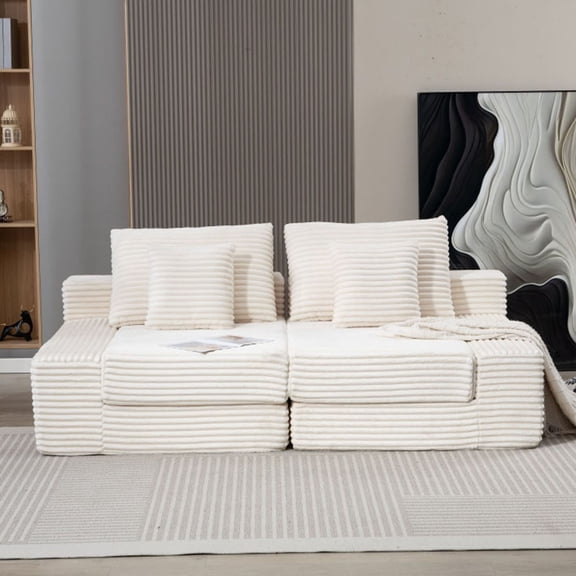 S-HOME Ergonomic Deep Seat Double Lounge Chaise with No Assembly Needed, Modern Corduroy Couch for Living Room or Bedroom, Beige