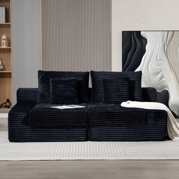 S-HOME Ergonomic Deep Seat Double Lounge Chaise with No Assembly Needed, Modern Corduroy Couch for Living Room or Bedroom, Black