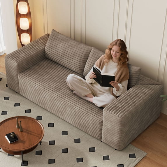 S-HOME Ergonomic Loveseat Sofa in Striped Pattern with Foam Cushion, Deep Seat Design for Living Room, Bedroom and Apartments, Camel