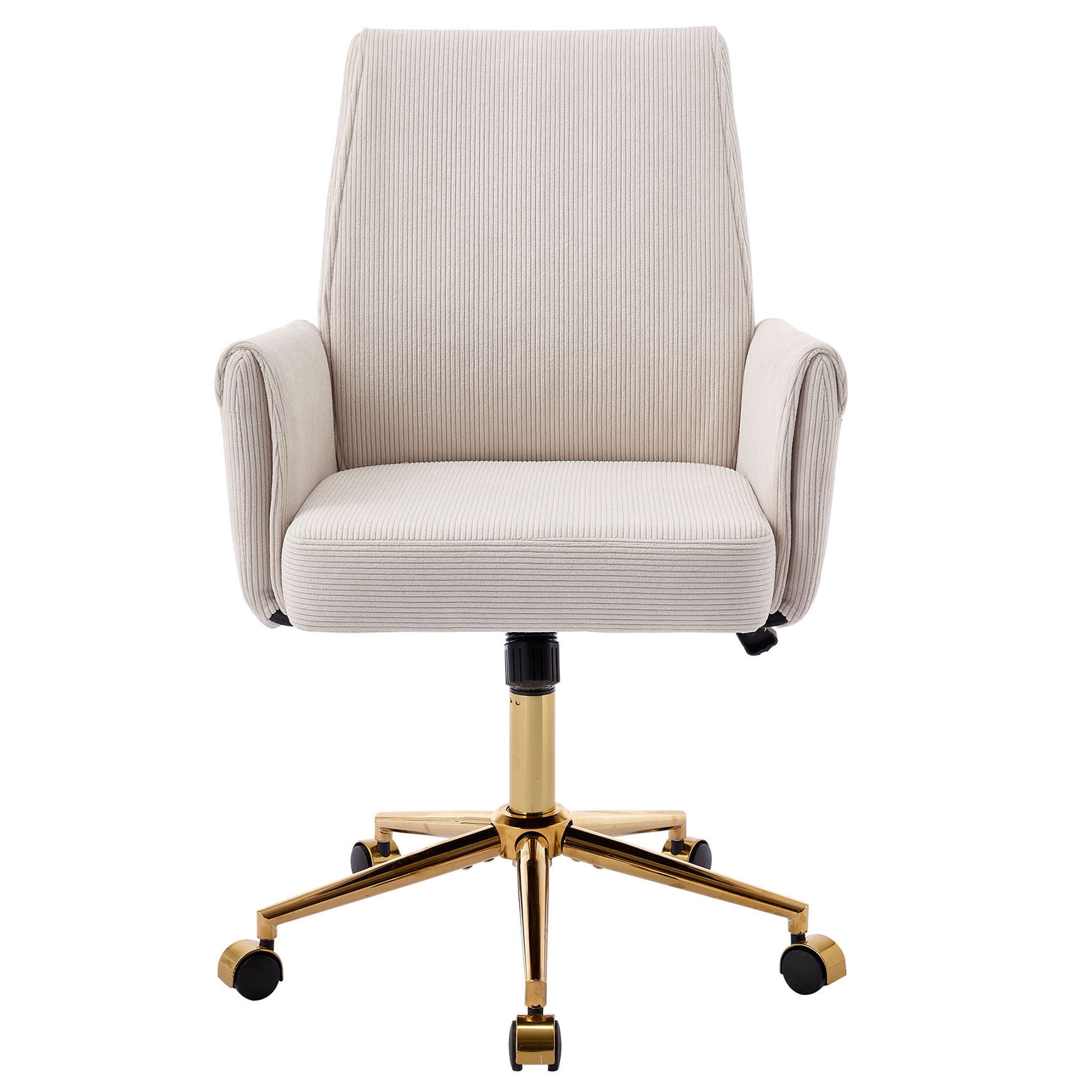 S-HOME Ergonomic Mid-Back Liftable Office Chair in Striped Fabric with Golden Base and Memory Foam Cushion , White