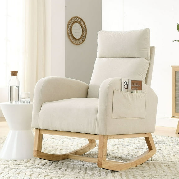S-HOME Ergonomic Upholstered Rocking Chair Teddy Fleece with Supportive Backrest Side Pockets for Nursery or Home, Beige
