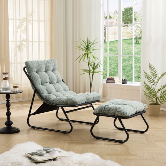 S-HOME European Style Patio Chair With Puffy Cushion And Foot Stool In Black Steel Frame For Living Room Spaces, Light Green