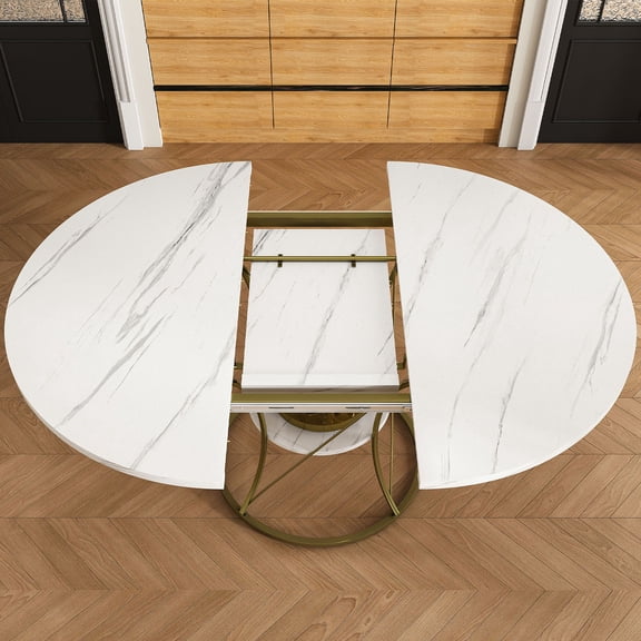 S-HOME Expandable Round Dining Table with Storage Shelf, Metal Base, Adjustable 43 to 59 Inches, for Homes and Gatherings, Walnut+Gold