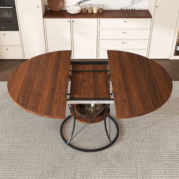 S-HOME Expandable Round Dining Table with Storage Shelf, Metal Base, Adjustable 43 to 59 Inches, for Homes and Gatherings, Walnut+black
