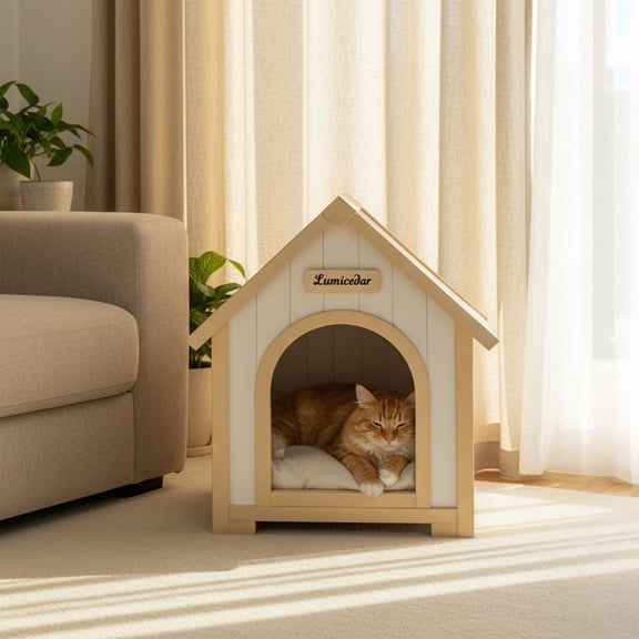 S-HOME FSC Solid Cedar Pet House - Cream Yellow Cabin Style Shelter for Small Dogs and Cats, Comfortable Haven