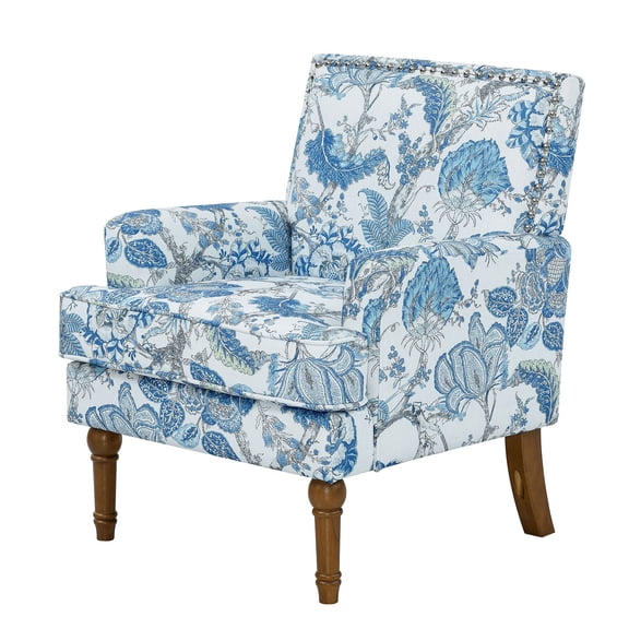 S-HOME Farmhouse Style Floral Accent Armchair With Nailhead Trim Solid Wood Legs And Supportive Back For Living Spaces, Blue