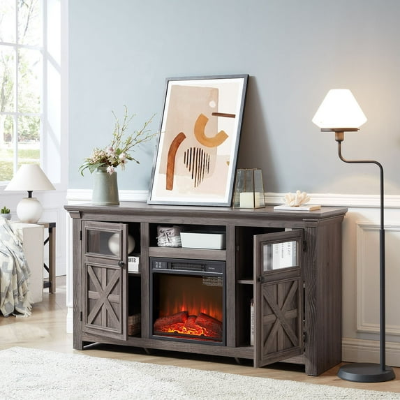 S-HOME Farmhouse Style TV Media Stand In White With 2 Doors, 60.23" Large Barn Design Cabinet, Includes Fireplace Insert,Grey