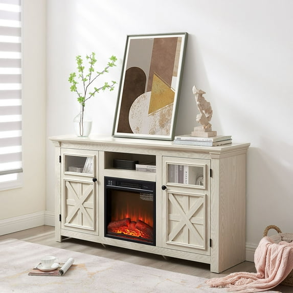 S-HOME Farmhouse Style TV Media Stand In White With 2 Doors, 60.23" Large Barn Design Cabinet, Includes Fireplace Insert