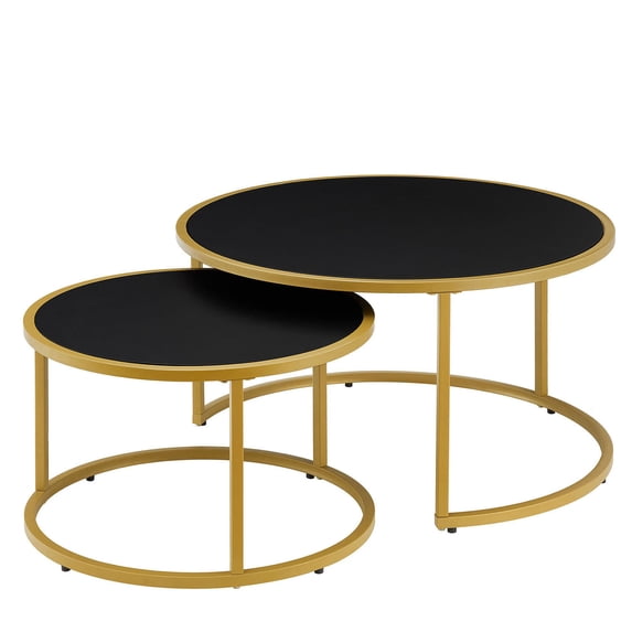 S-HOME Faux Leather Nesting Round Coffee Table Set of 2 with Metal Base for Contemporary Living Room Decor, Black