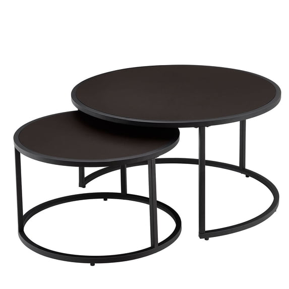 S-HOME Faux Leather Nesting Round Coffee Table Set of 2 with Metal Base for Contemporary Living Room Decor, Dark Brown