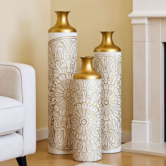 S-HOME Fire-Burned Metal Vases Set of 3 Gradated Heights for Industrial Home Decor, Pattern Gold+White