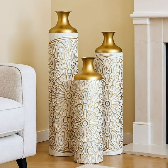 S-HOME Fire-Burned Metal Vases Set of 3 Gradated Heights for Industrial Home Decor, Pattern Gold+White