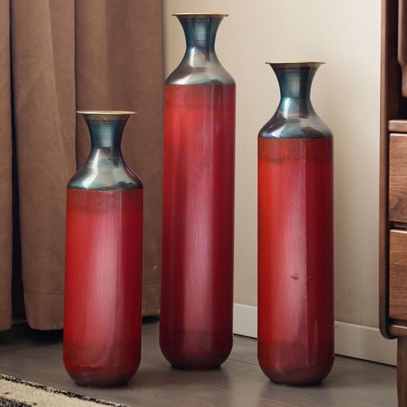 S-HOME Fire-Burned Metal Vases Set of 3 Gradated Heights for Industrial Home Decor, Red