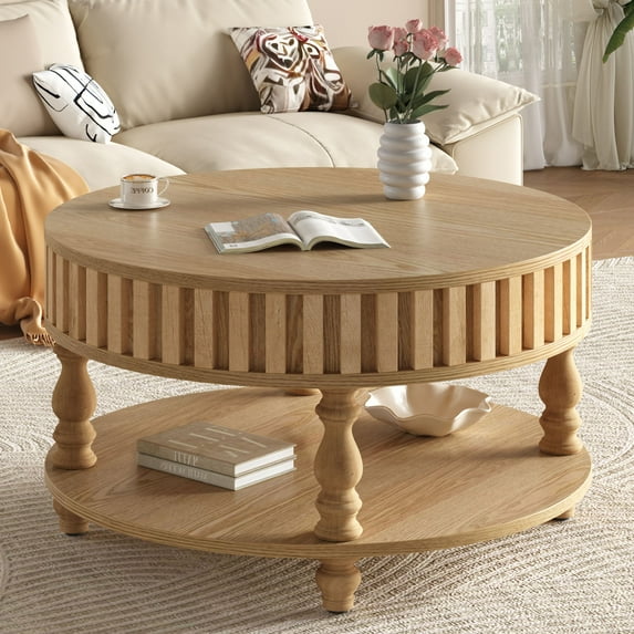 S-HOME Flip-Top Coffee Table with Spacious Hidden Storage, Solid Wood Legs, Farmhouse Style Center Table, Natural Wood