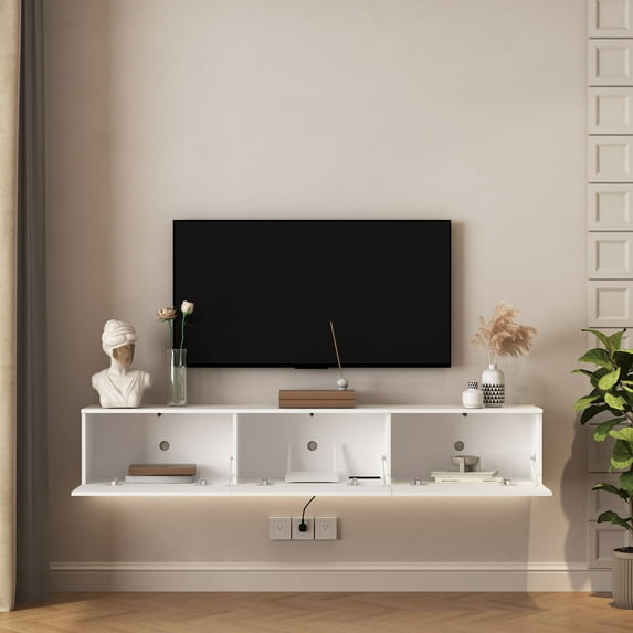 S-HOME Floating TV Cabinet with 16 Color LED Lights, 69 Inch Wall Mounted TV Stand for 55 to 65 Inch Screens，White