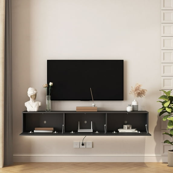 S-HOME Floating TV Cabinet with 16 Color LED Lights, 69 Inch Wall Mounted TV Stand for 55 to 65 Inch Screens
