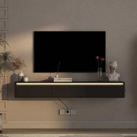 S-HOME Floating TV Stand, Wall Mounted TV Shelf with Led Lights & Power Outlet,High Gloss TV Cabinet for Black tv Stands for Living Room