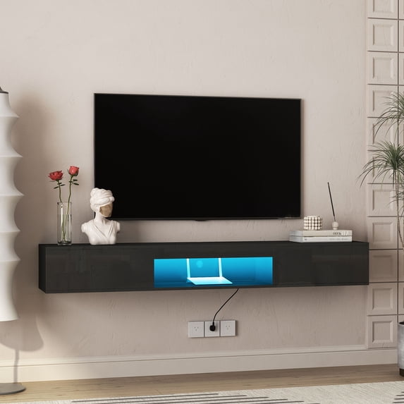 S-HOME Floating TV Stand Wall Mounted with 16 Color LEDs in Black 69 Inch Entertainment Center for 55 to 65 Inch TV
