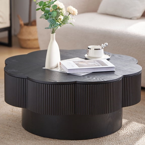 S-HOME Flower Design Coffee Table 31.50 Inches with MDF Structure and Storage for Clutter-Free Living Room Setup, Black