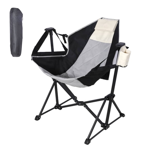 S-HOME Foldable Recliner Rocking Lounger in Black with Headrest and Drink Holder for Outdoor Sports, Beach, Lawn, and Hunting