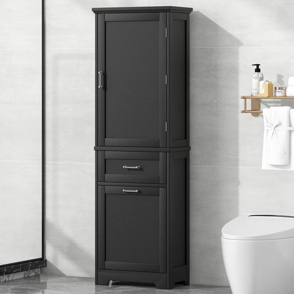 S-HOME Freestanding Black Bathroom Storage Cabinet with Two Size Drawers, MDF Material, Adjustable Shelf, and Anti-toppling Device