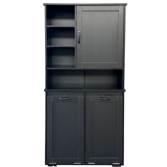 S-HOME Freestanding Black Laundry Cabinet Featuring Two Tilt-Out Hampers, Four Open Storage Shelves, Adjustable Design For Home Storage Solutions