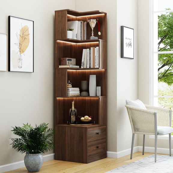 S-HOME Freestanding Corner Bookshelf With Drawers In Modern Design, 4-Tier L Shaped Bookcase For Home Office And Living Room,Walnut