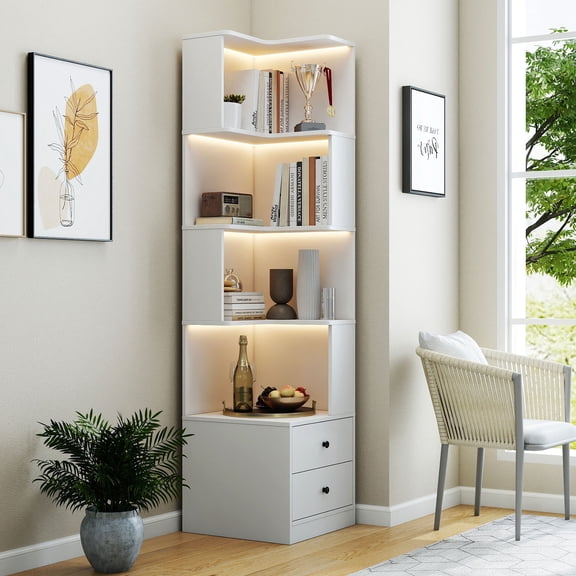 S-HOME Freestanding Corner Bookshelf With Drawers In Modern Design, 4-Tier L Shaped Bookcase For Home Office And Living Room