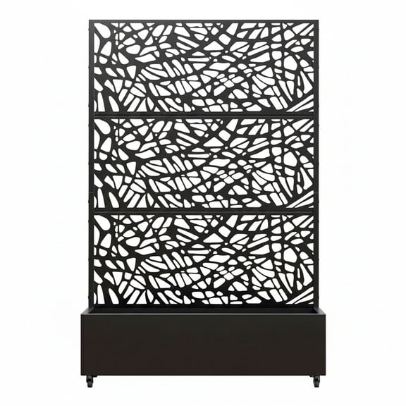 S-HOME Freestanding Leaf Pattern Privacy Screen With Planter Box Black Metal 70.87 Inch Tall Decorative Fence For Patios And Backyards, Black 1