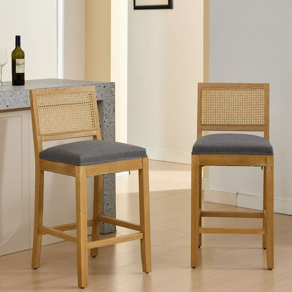 S-HOME Full Solid Wood Bar Stool Set of 2 with Hollowed-Out Rattan Backrest and Matte Linen Cushion for Dining Room and Café Use, Gray