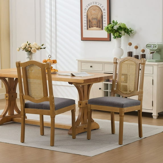 S-HOME Full Solid Wood Rattan-Back Dining Chair Set of 2 with Matte Linen Cushion and Ergonomic Design for Rustic and Natural Styles, Gray