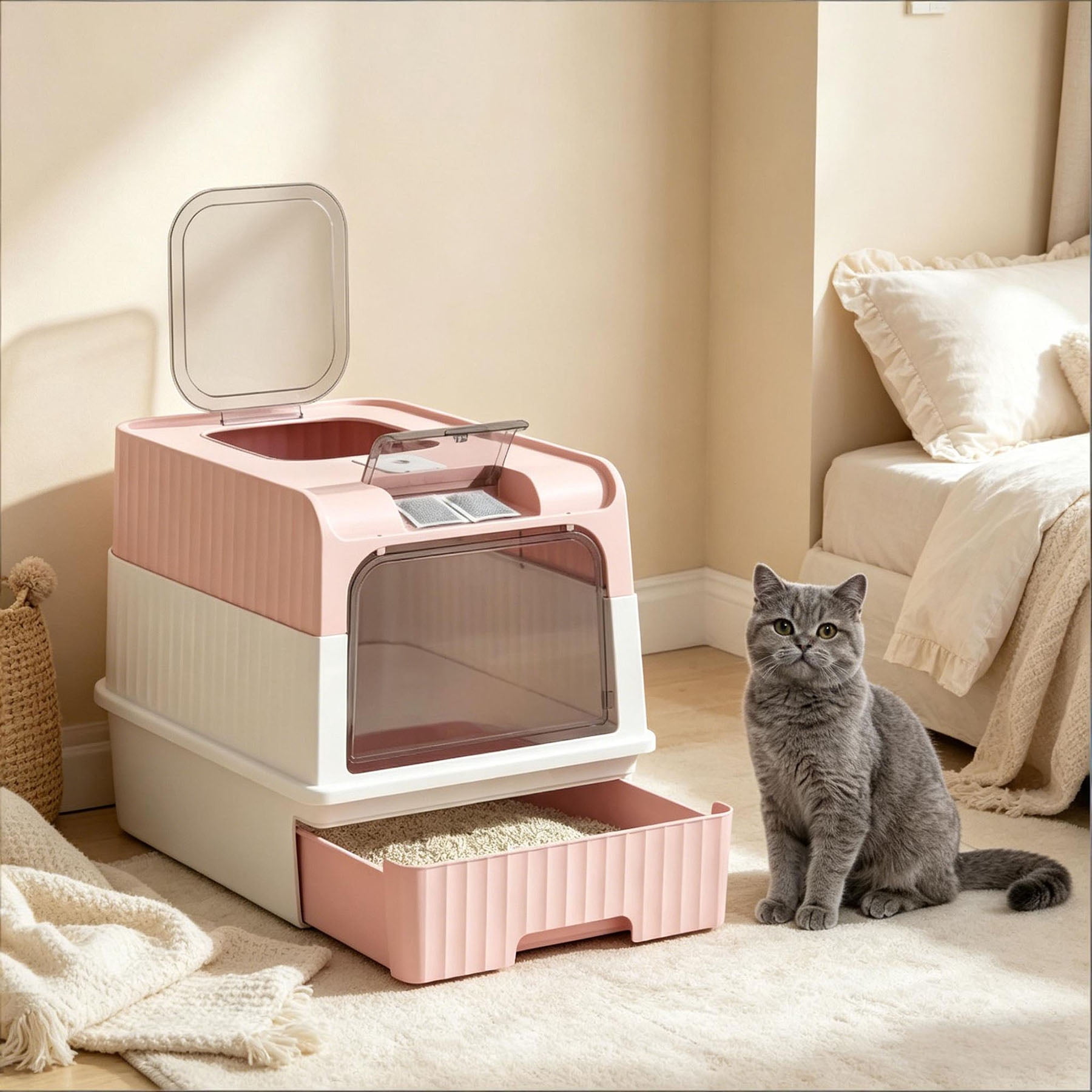 S-HOME Fully Enclosed Cat Litter Box in Compact Design,  Pet Litter Box for Clean and Odor-Free Homes